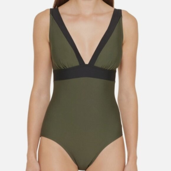 NWT! DKNY Moss Green Black Colorblock One Piece Swimsuit NEW! - Picture 1 of 1